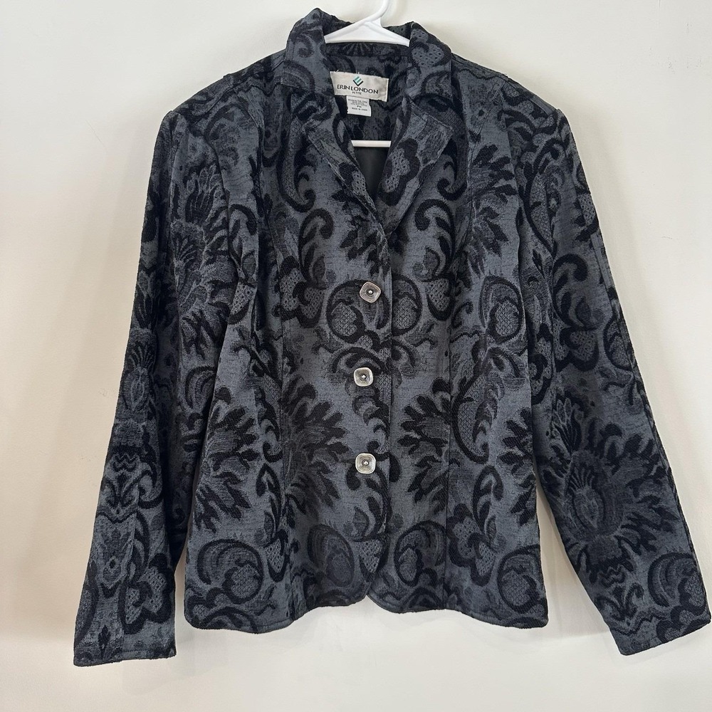 VTG Womens Erin London Petite Med Black Embossed Tapestry Blazer Dressy‎ Jacket